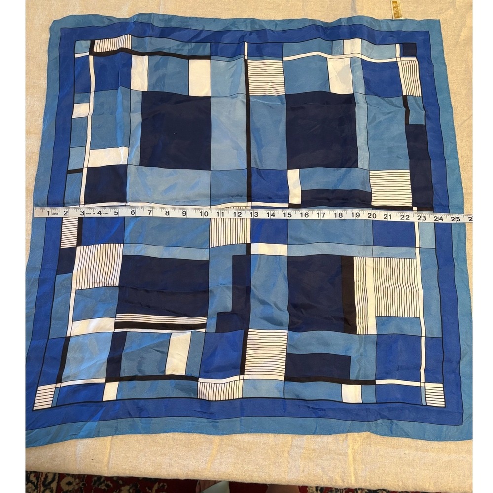 Womens Vintage Water Repellant Scarf OS Blue Geometric Block Print Made in Japan - Picture 2 of 5